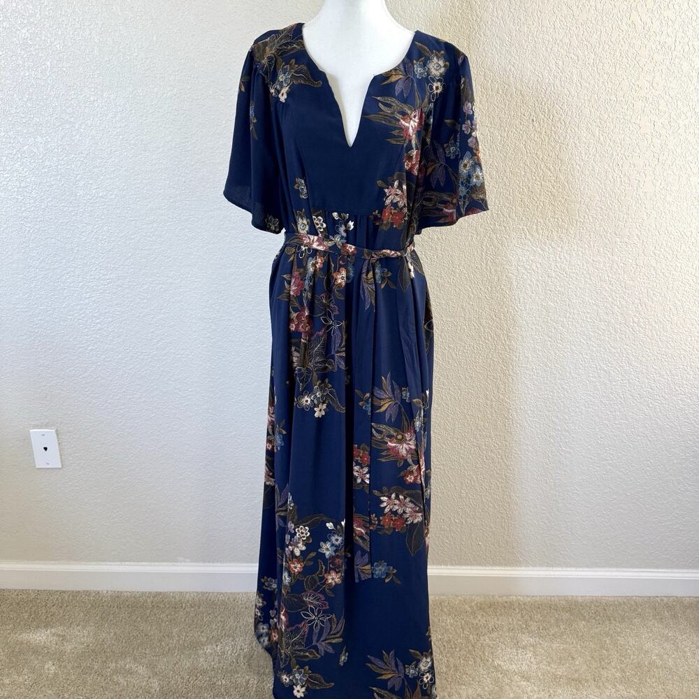 Calstyle Womens 2XL Navy Floral Maxi Dress Boho Flutter Sleeve Belted Plus Size